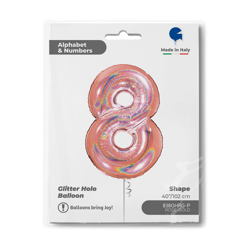 Number 8 Foil Balloon – Glitter Holographic Rose Gold