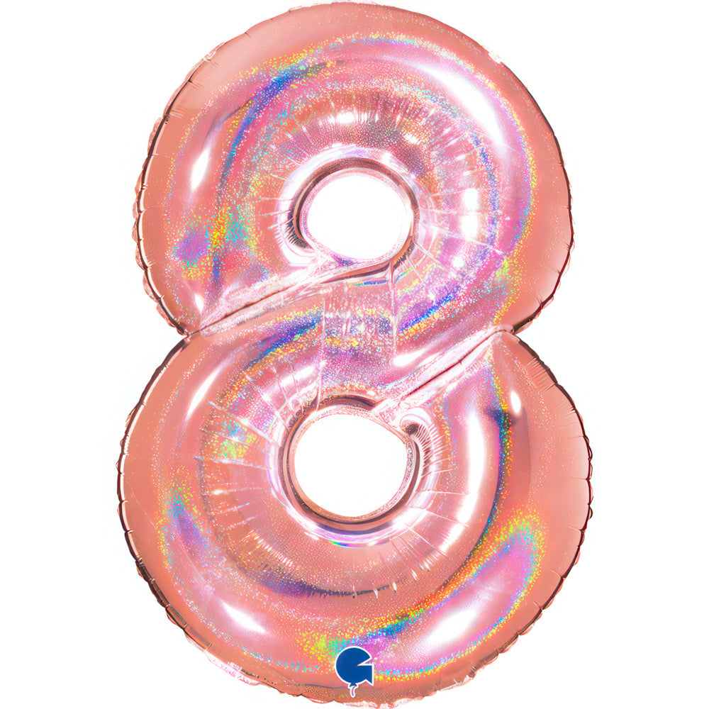 Number 8 Foil Balloon – Glitter Holographic Rose Gold