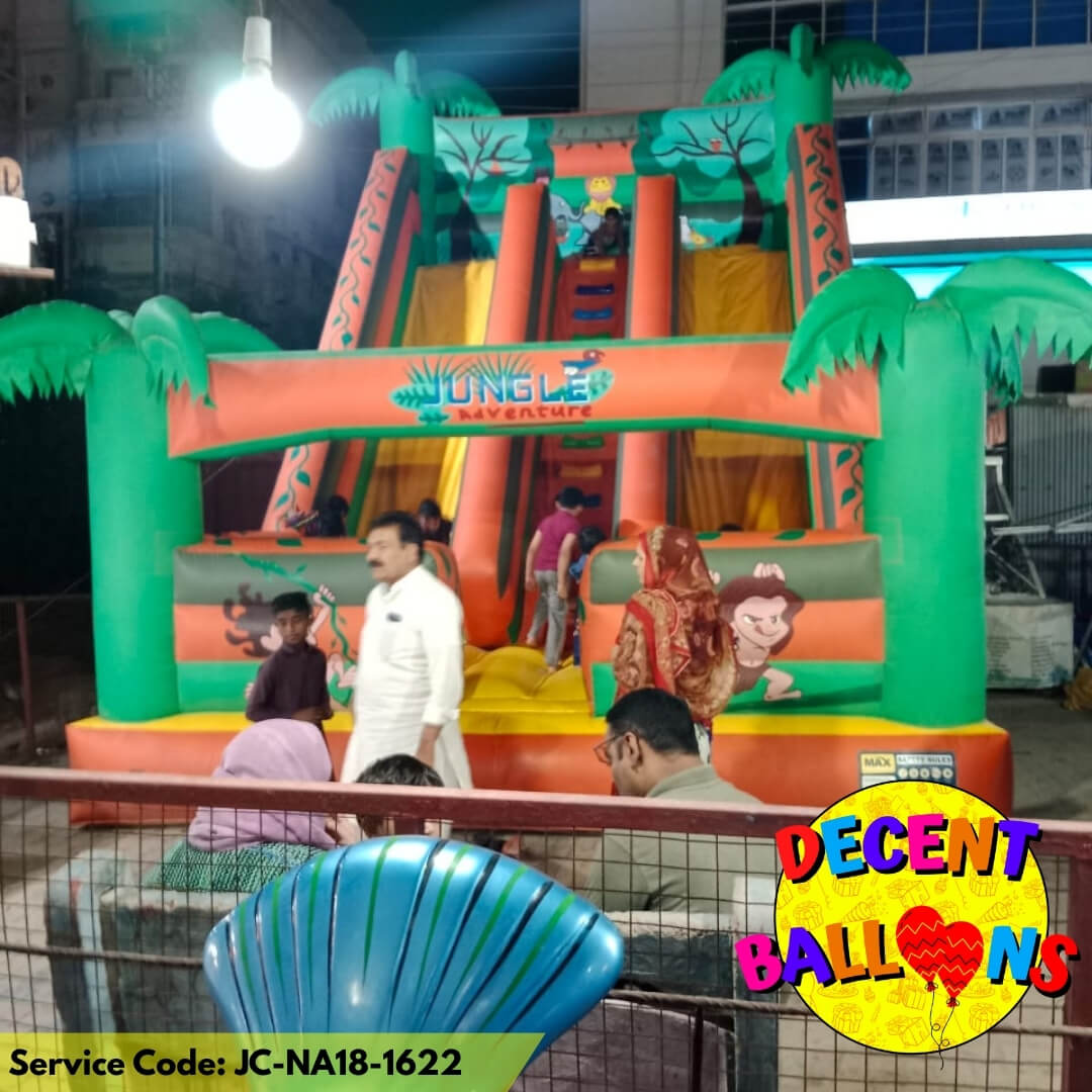 Jungle Adventure Twin Slide Jumping Castle – Rent for Safari-Themed Kids’ Parties in Karachi