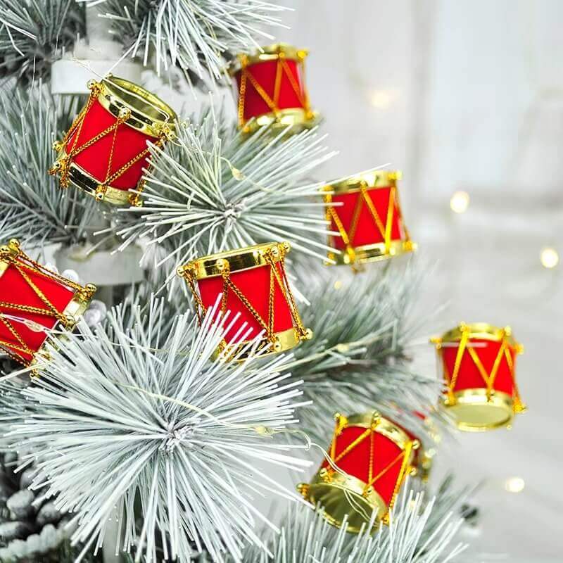Mini Red & Gold Christmas Drum Ornaments – 12 Piece Holiday Tree Decoration Set