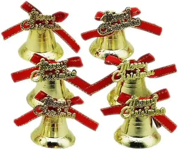 Christmas Golden Bell Ornaments – 12 Piece Hanging Decoration Set with Red Ribbons & “Merry Christmas” Tags