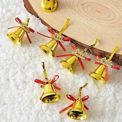 Christmas Golden Bell Ornaments – 12 Piece Hanging Decoration Set with Red Ribbons & “Merry Christmas” Tags