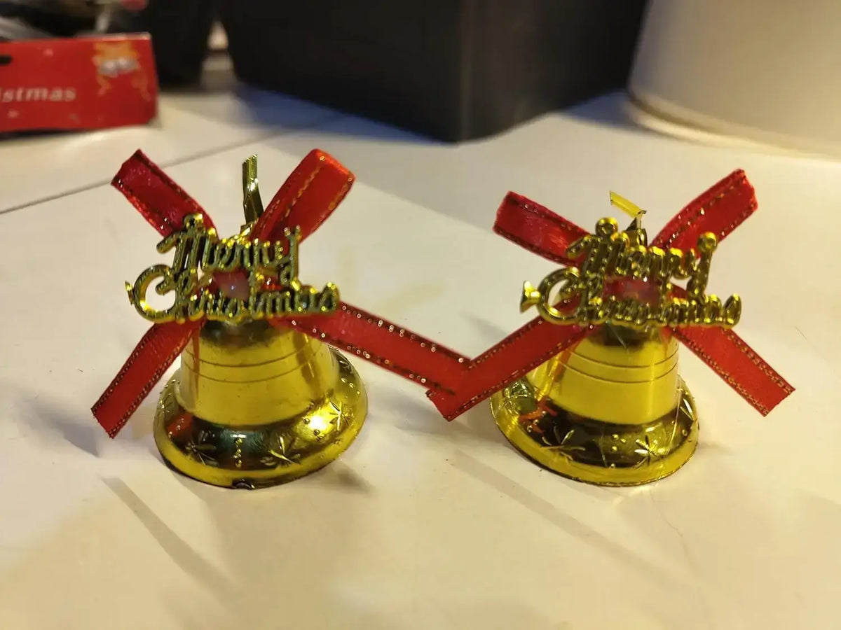 Christmas Golden Bell Ornaments – 12 Piece Hanging Decoration Set with Red Ribbons & “Merry Christmas” Tags