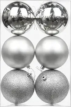 Large Silver Christmas Ball Ornaments – 6 Piece Holiday Decoration Set (Glossy, Matte & Glitter Finish)