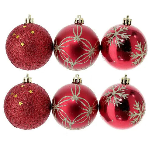 Medium Red Decorative Christmas Ball Ornaments – 6 Piece Holiday Decoration Set (Patterned & Glitter Finish)