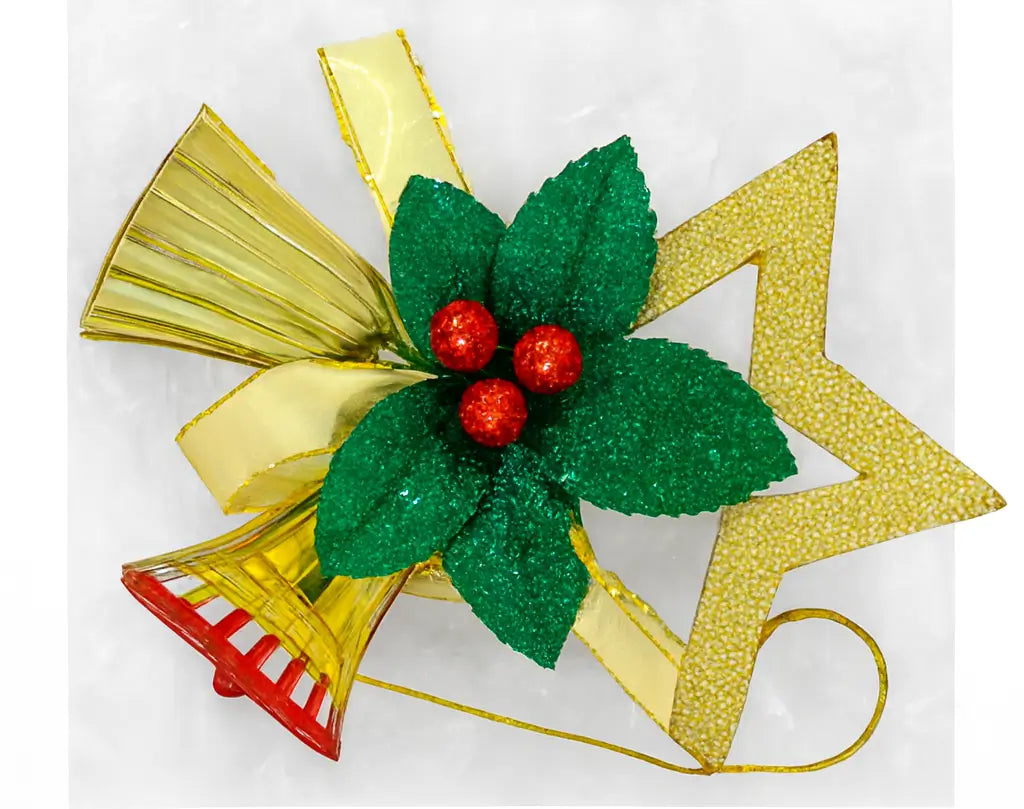 Golden Decorative Christmas Bell & Holly Ornament – Single Piece Holiday Decoration with Ribbon & Star