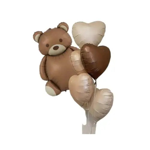 Teddy Bear & Heart Foil Balloon Set – 6 Piece Celebration Décor (Brown & Beige Theme)