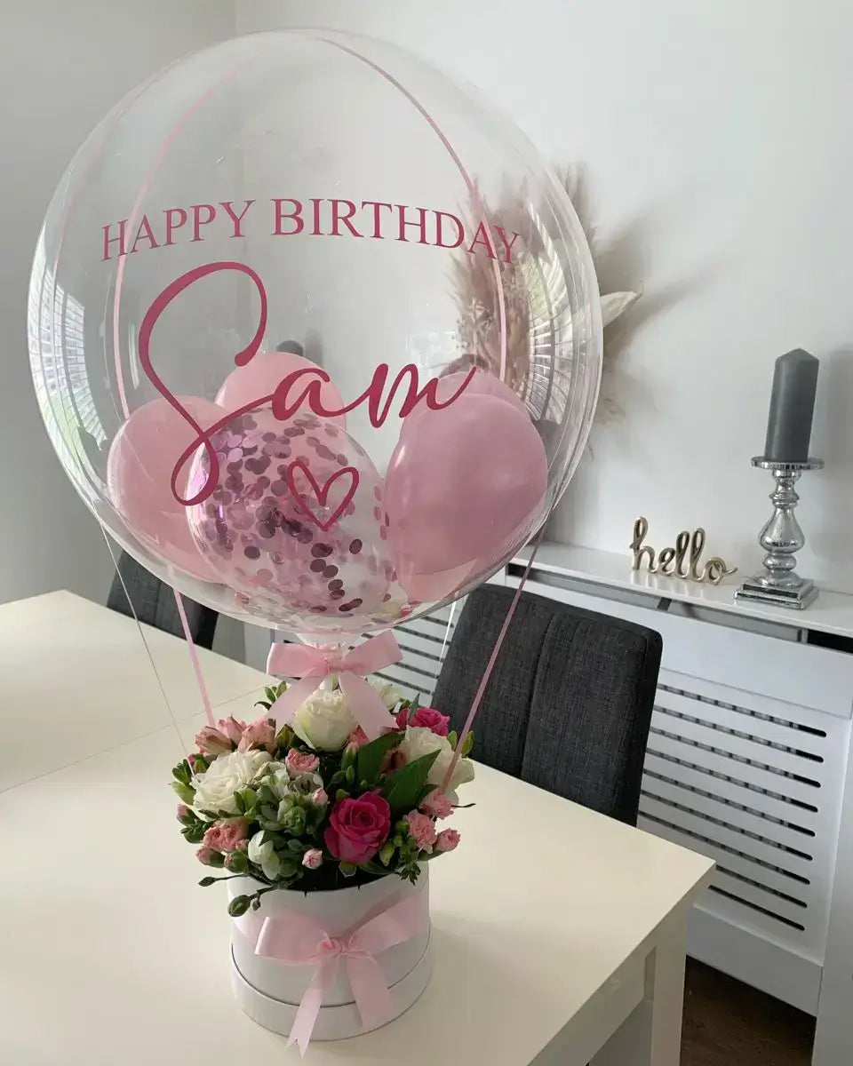 Bobo Balloon Gift Basket – Transparent Balloon Arrangement with Flowers