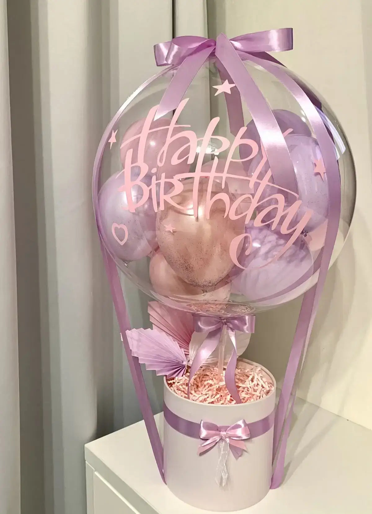 Bobo Balloon Gift Basket – Happy birthday Transparent Balloon Arrangement with Decorative Base