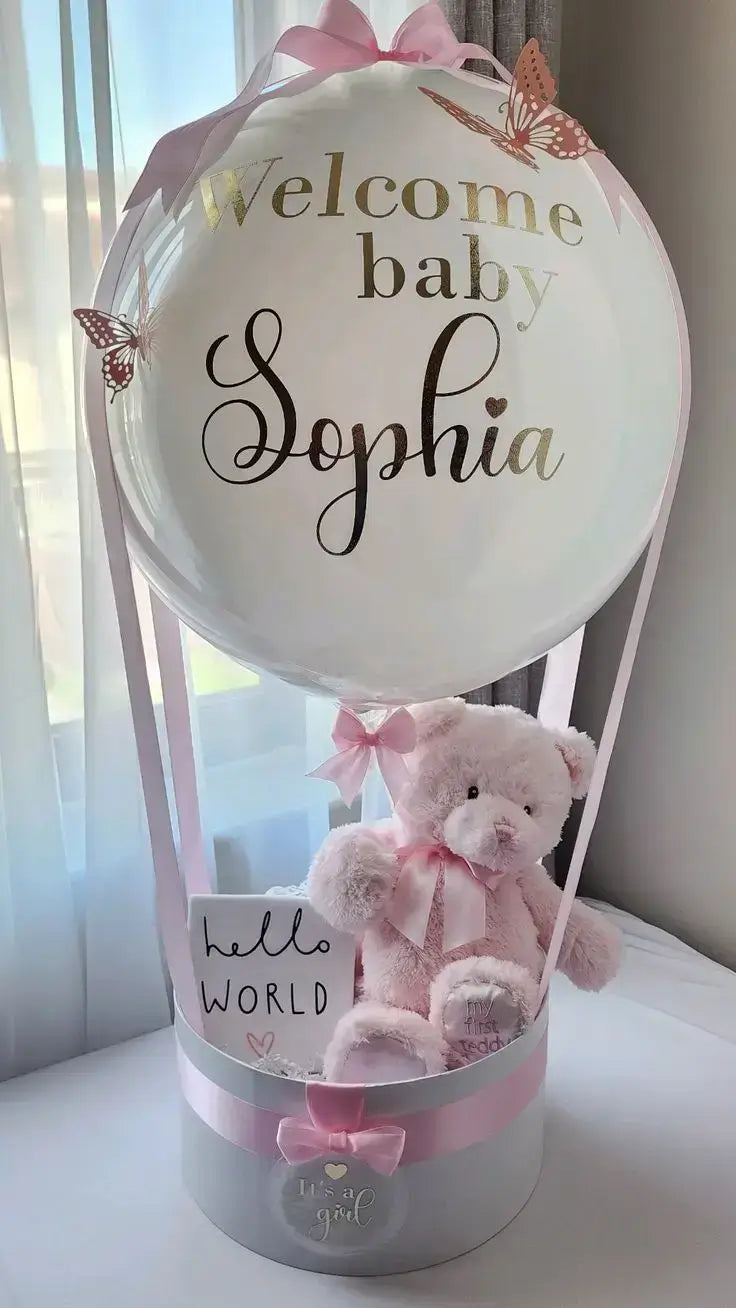 Bobo Balloon Gift Basket – Welcome Baby Transparent Balloon Arrangement with Plush & Baby Décor