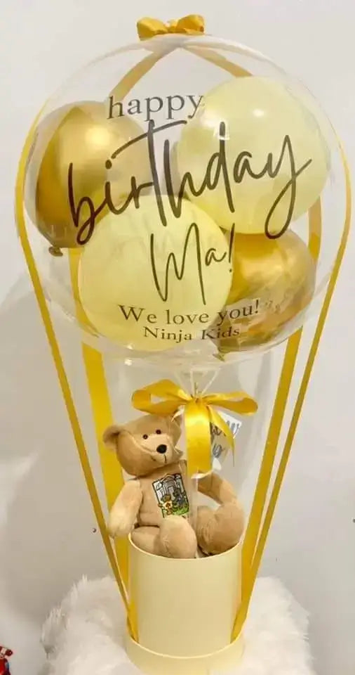 Bobo Balloon Gift Basket – Transparent Balloon Arrangement with Plush & Ribbons