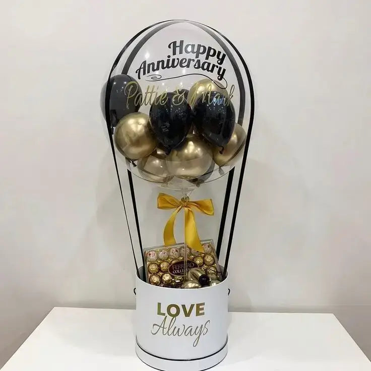Bobo Balloon Gift Basket – Happy Anniversary Transparent Balloon Arrangement with Chocolates & Plush