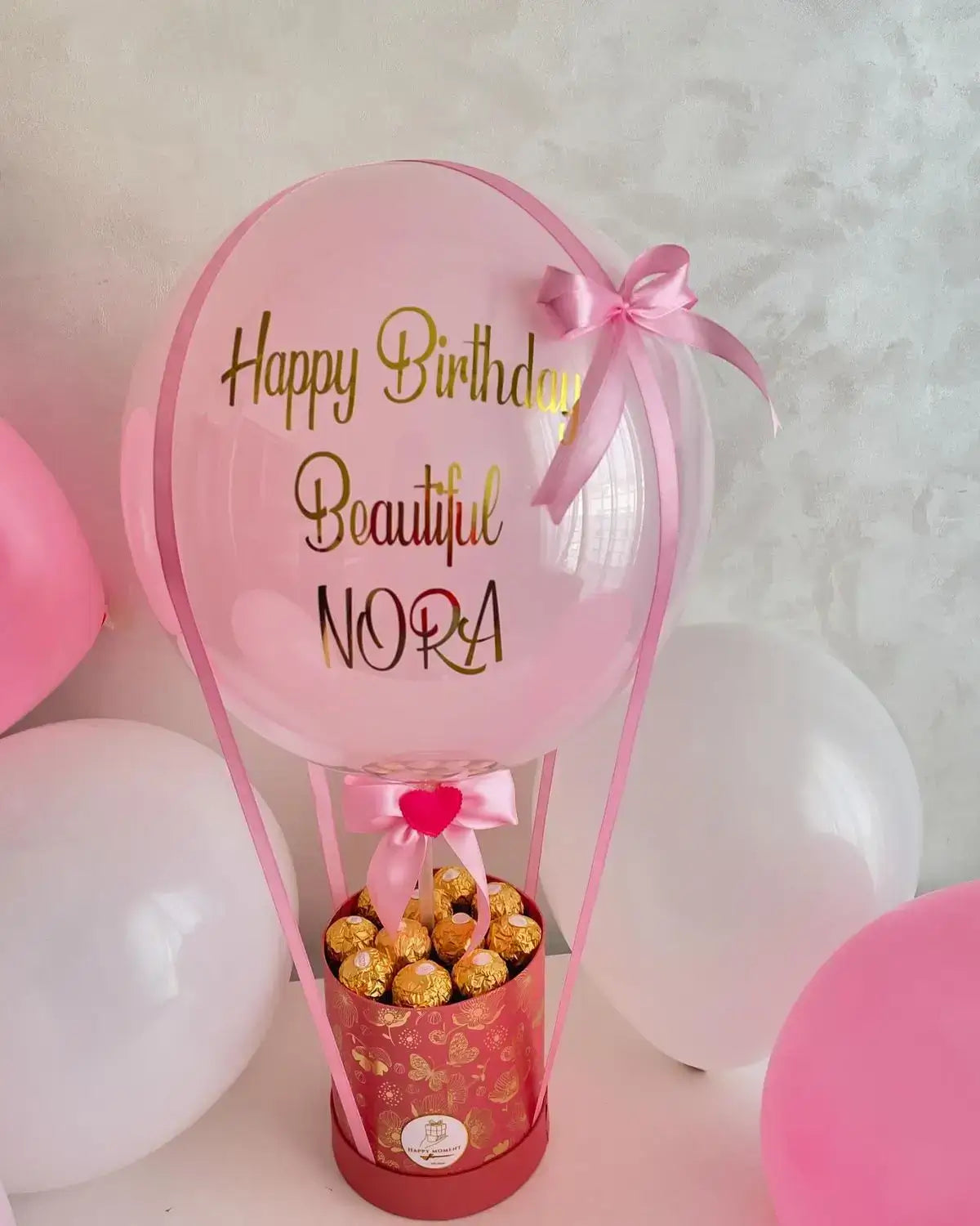 Bobo Balloon Gift Basket –  Happy Birthday Transparent Balloon Arrangement with Chocolates & Plush