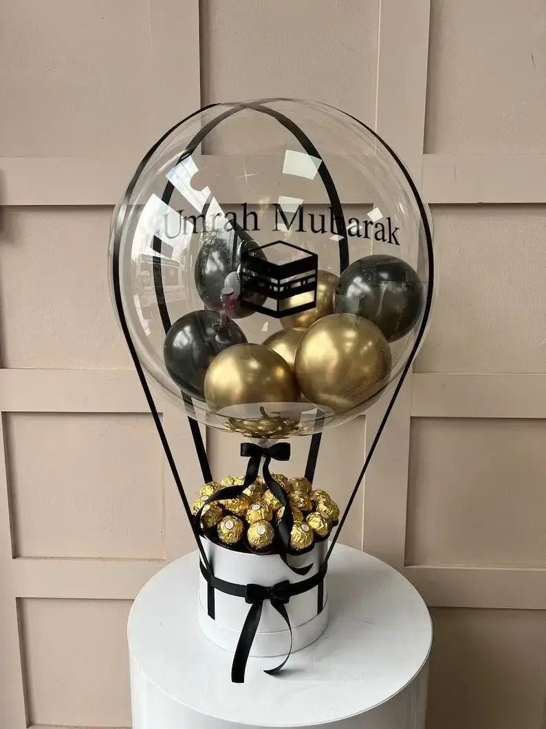 Bobo Balloon Gift Basket – Umrah Mubarak with Chocolates & Personalized Décor