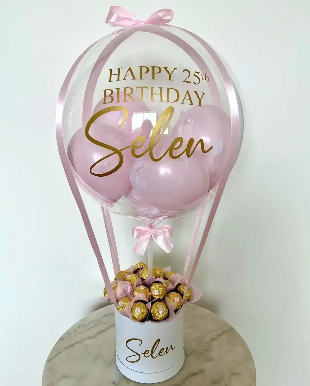 Bobo Balloon Basket – Happy Birthday Transparent Balloon Arrangement with Chocolates & Decorative Base
