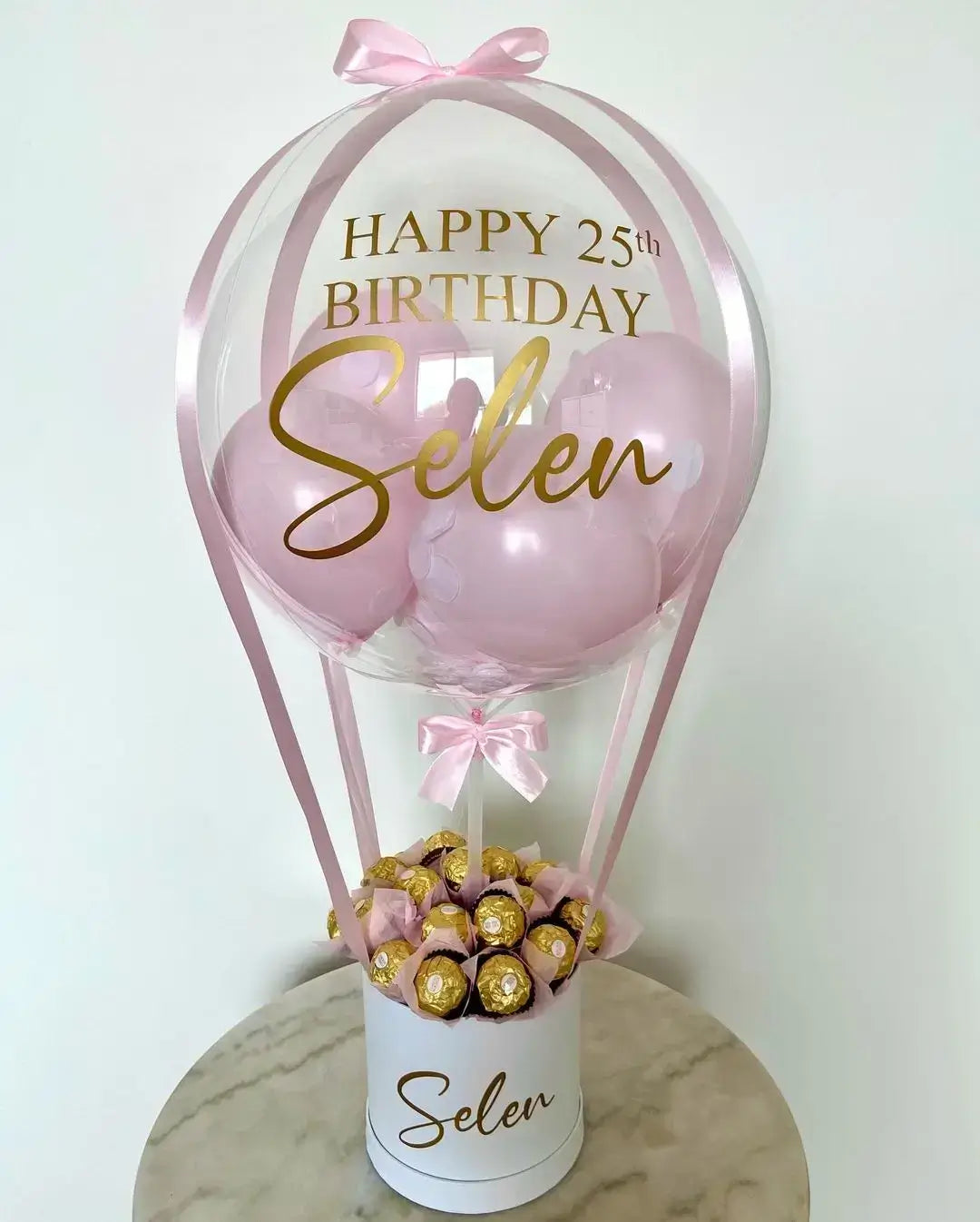 Bobo Balloon Basket – Happy Birthday Transparent Balloon Arrangement with Chocolates & Decorative Base