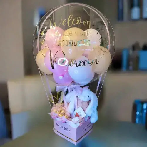 Bobo Balloon Gift Basket –Welcome Baby  Transparent Balloon Arrangement with Plush