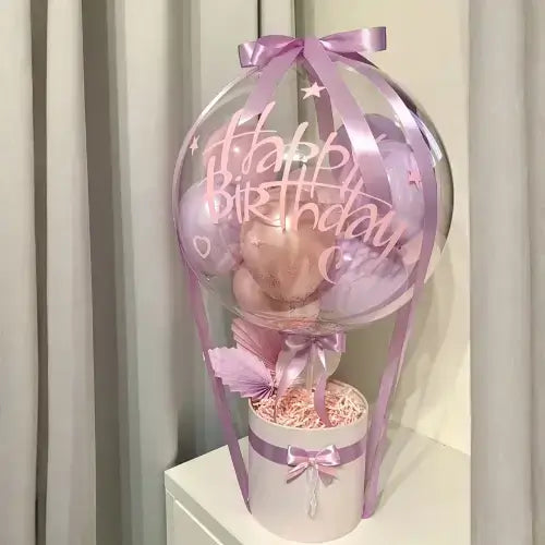 Bobo Balloon Gift Basket – Happy birthday Transparent Balloon Arrangement with Decorative Base