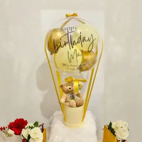 Bobo Balloon Gift Basket – Transparent Balloon Arrangement with Plush & Ribbons