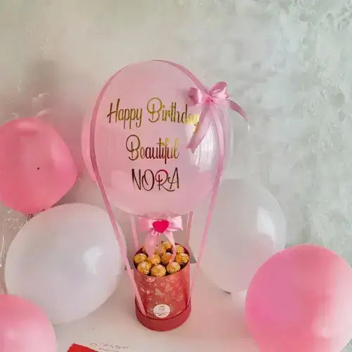 Bobo Balloon Gift Basket –  Happy Birthday Transparent Balloon Arrangement with Chocolates & Plush