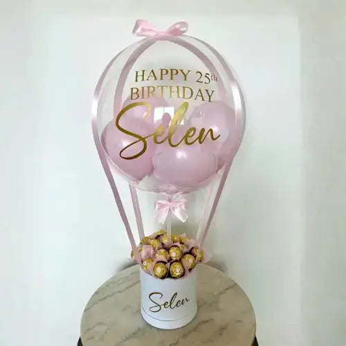 Bobo Balloon Basket – Happy Birthday Transparent Balloon Arrangement with Chocolates & Decorative Base