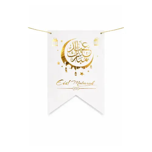 Eid Mubarak Hanging Banner – White & Gold Festive Decoration