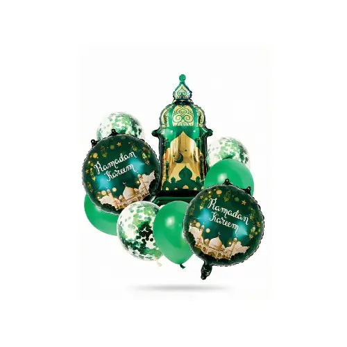 Ramadan Kareem Lantern Balloon Set – 9 Pcs Green & Gold Festive Décor
