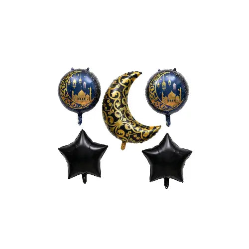 Ramadan Kareem Crescent Moon & Mosque Balloon Set – 5 Pcs Festive Décor