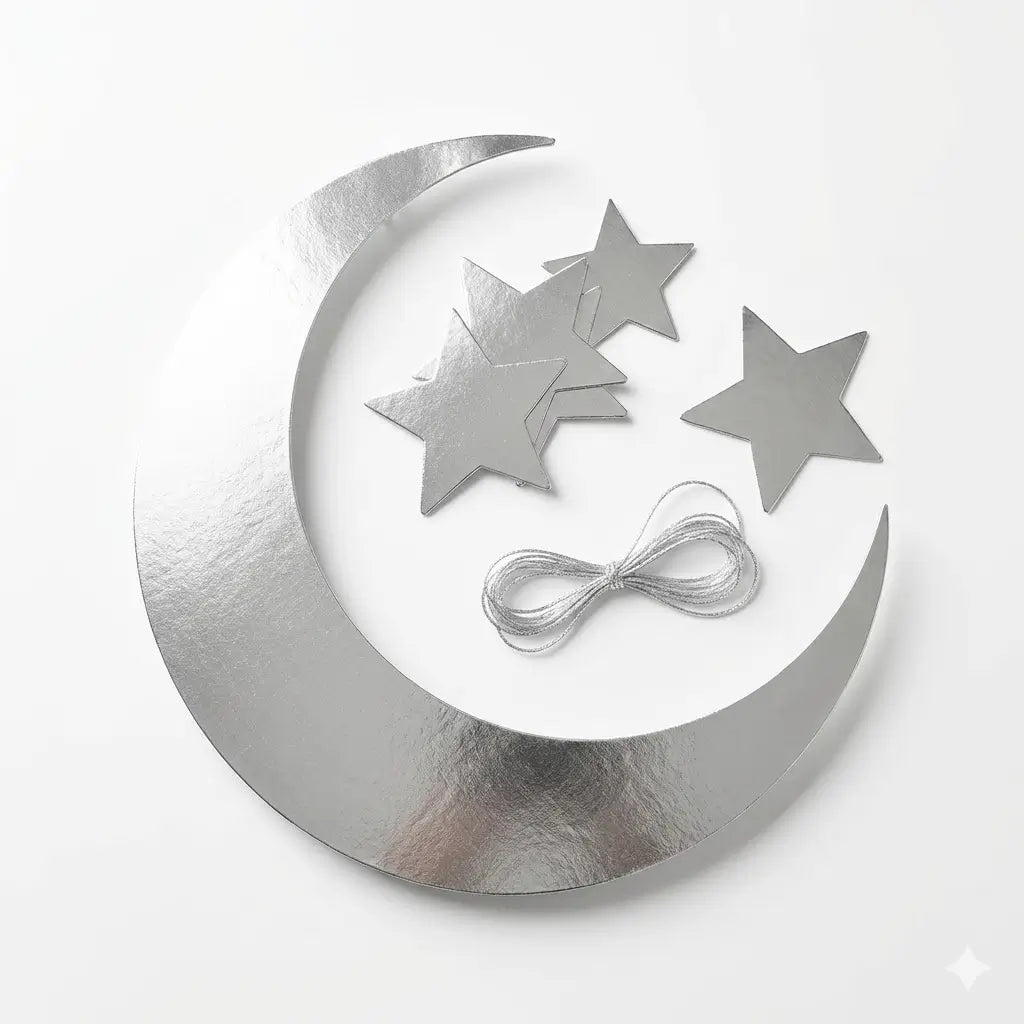 Silver Crescent Moon & Stars with Hanging Cord - Ramadan Mubarak Décor Set