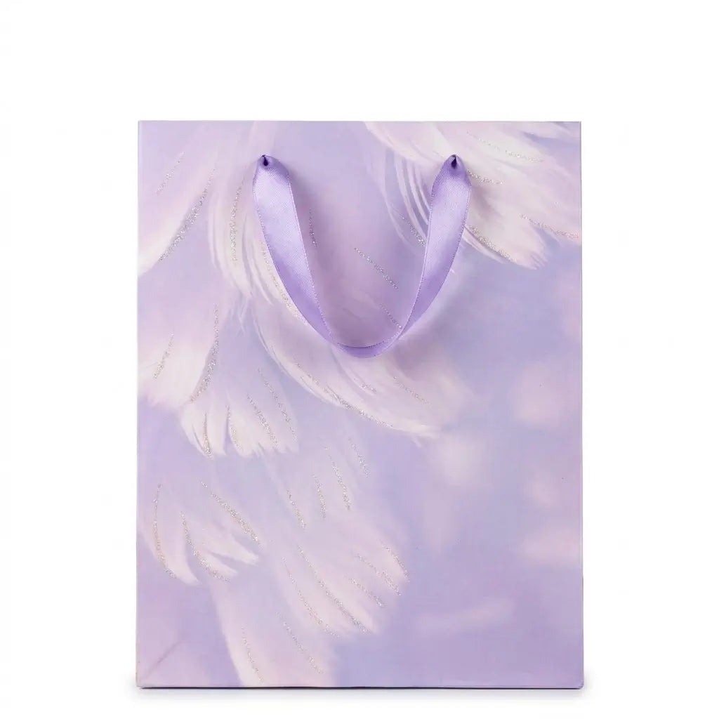 Pastel Purple Gift Bag – Feather Design with Ribbon Handlesb