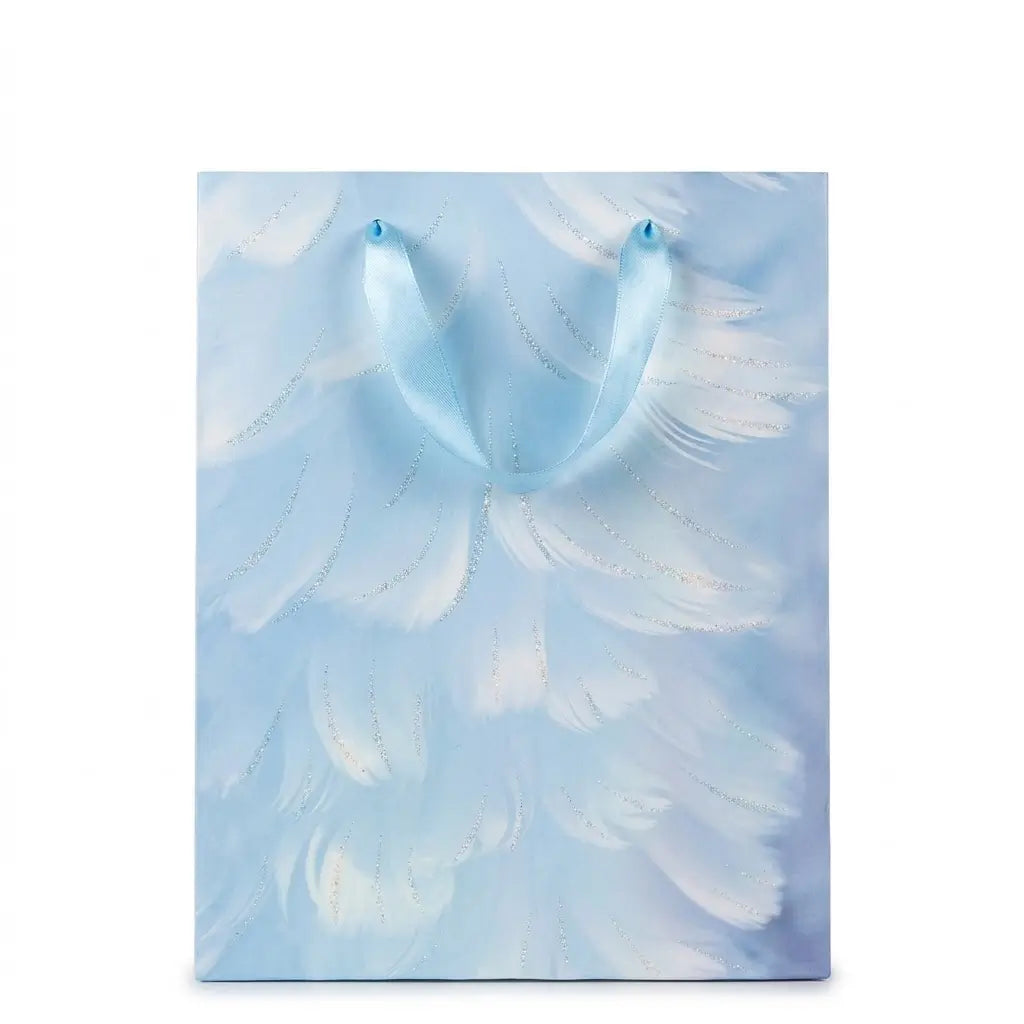 Pastel Blue Gift Bag – Feather Design with Ribbon Handles