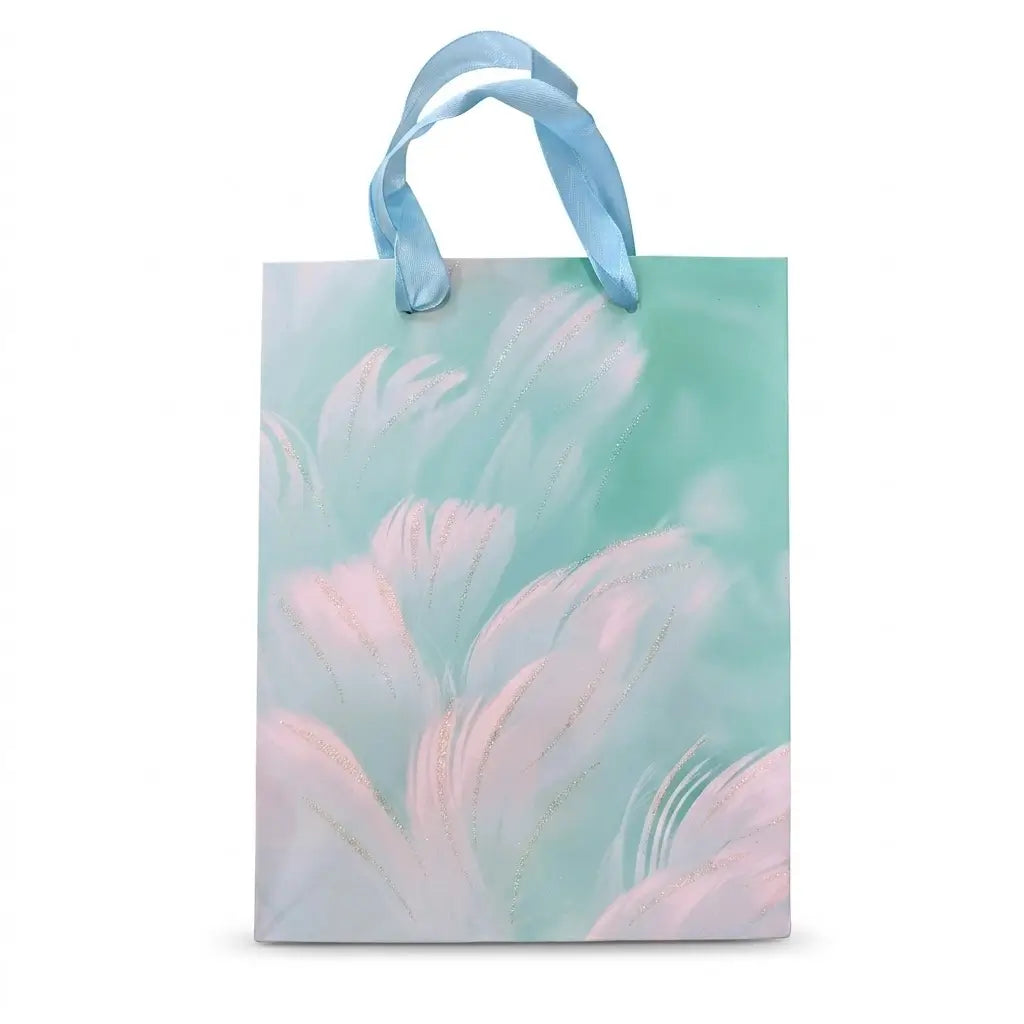 Pastel Teal Gift Bag – Feather Design with Ribbon Handles