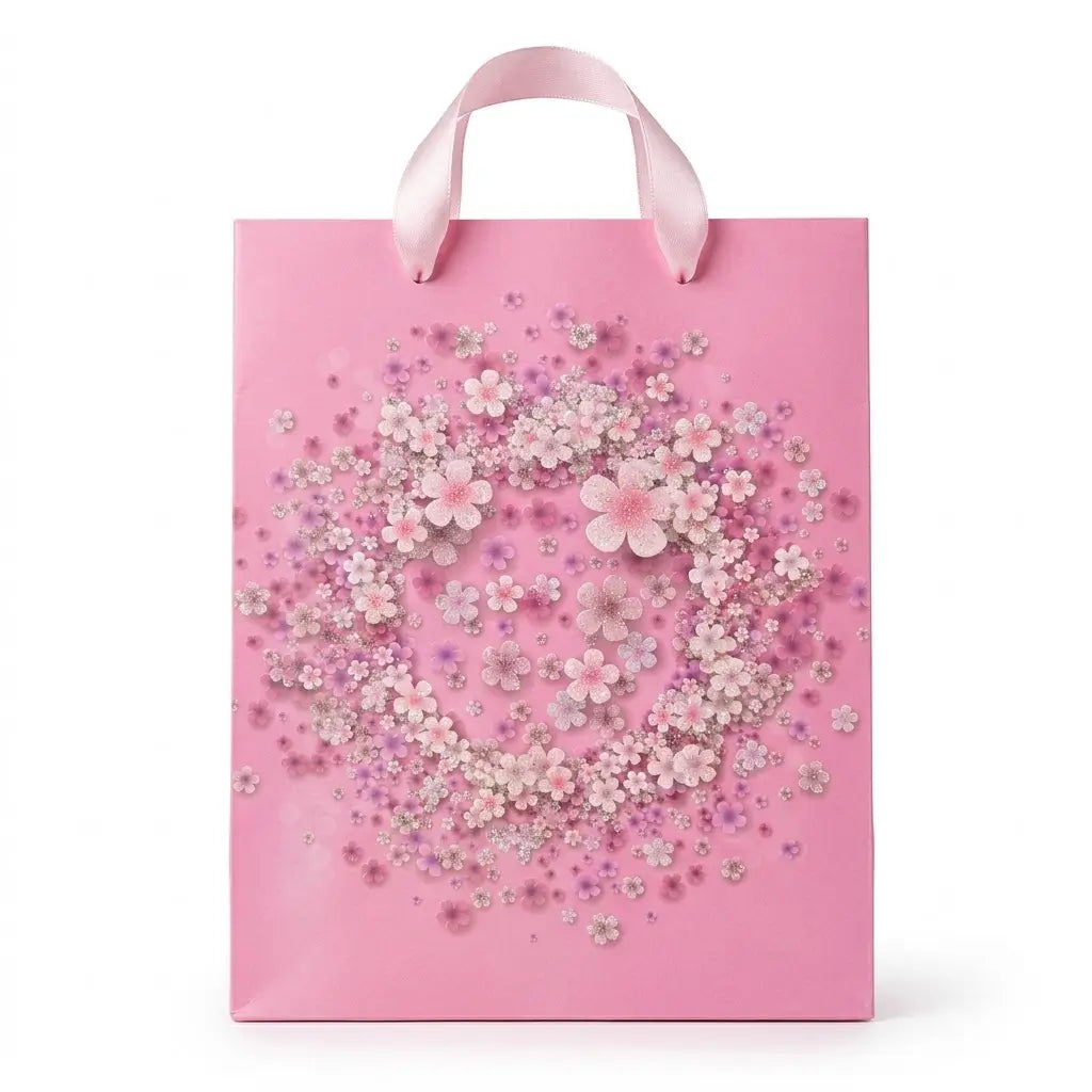 Pastel Pink Gift Bag – Floral Heart Design with Ribbon Handles