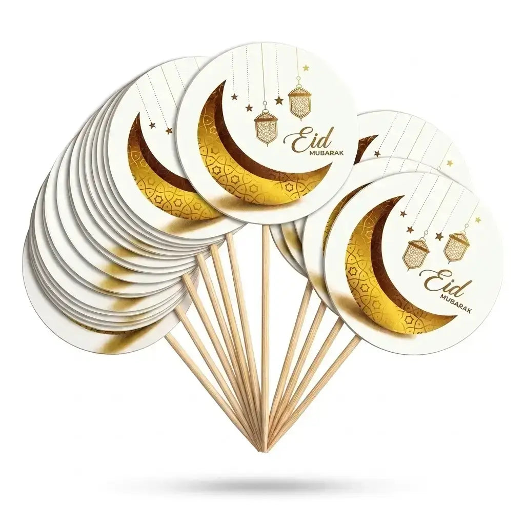 Eid Mubarak Cupcake Toppers – Golden Crescent & Lanterns