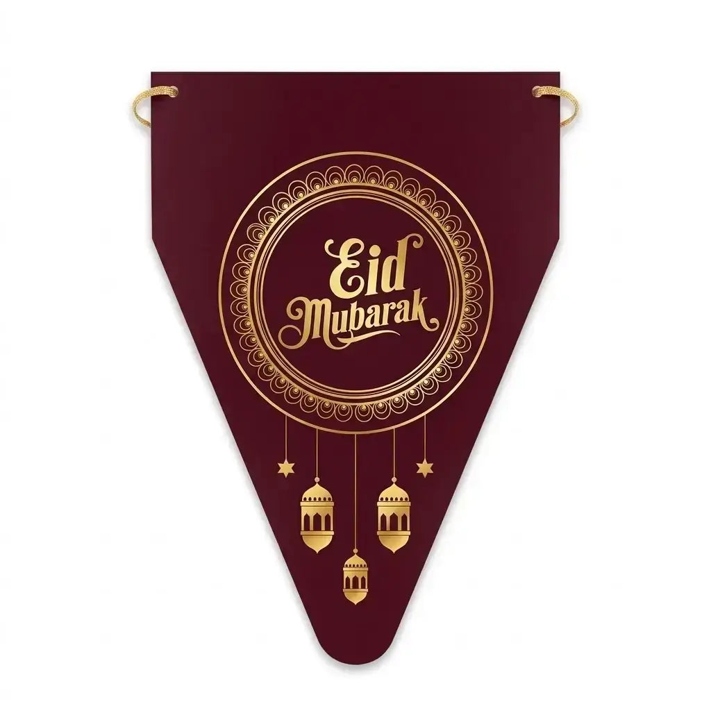 Eid Mubarak Banner – Maroon & Gold Lanterns Design