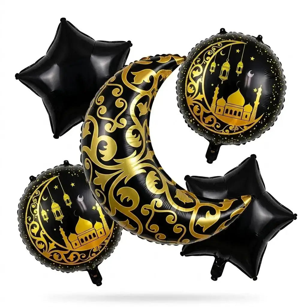 Eid Balloon Set – Black & Gold Crescent Moon Design
